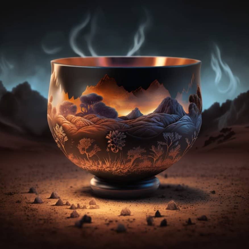 A ceremonial cacao cup with steam rising