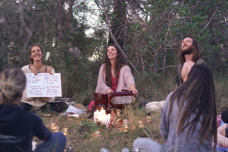 A cacao circle outdoors in the evening